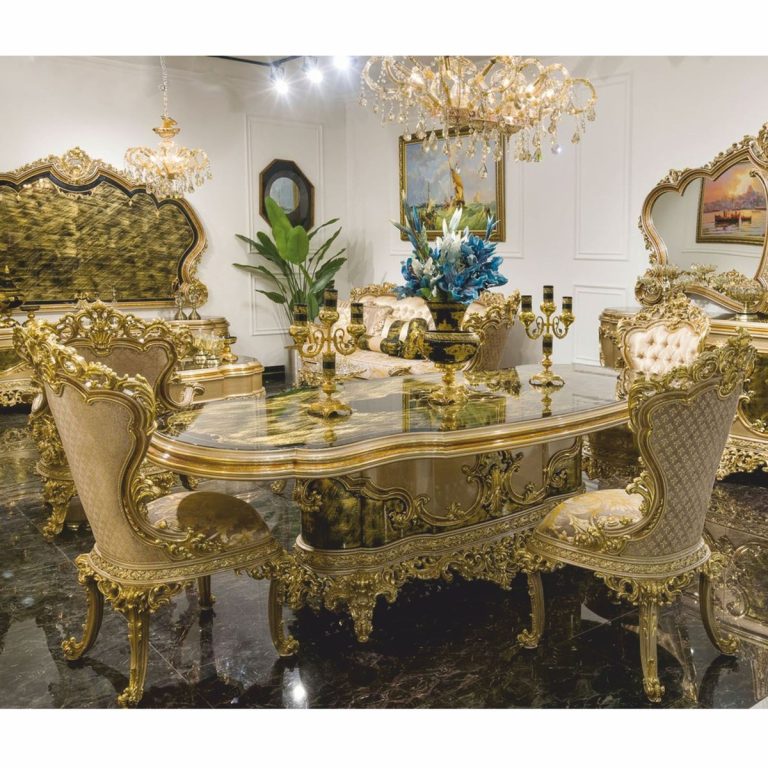 Ensemble de salle à manger baroque de luxe gris / vert / or
