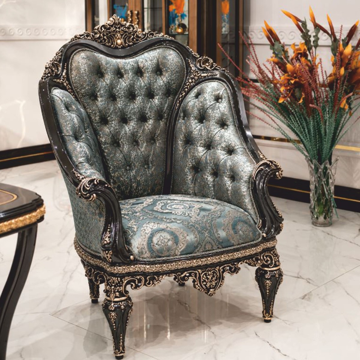 Fauteuil baroque de luxe turquoise / noir / or