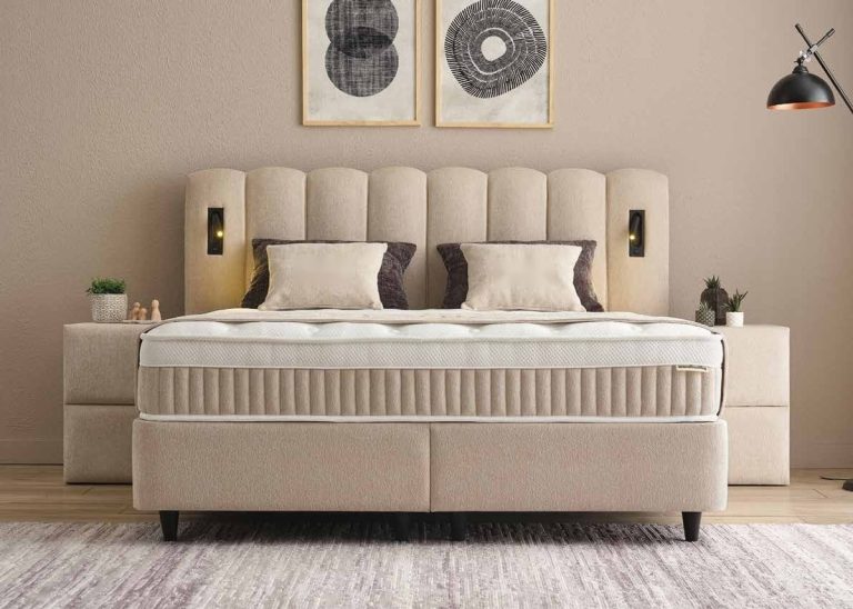 Lit Boxspring de Luxe avec Tête de Lit Festonnée et Liseuses Beige 180 x 200 cm