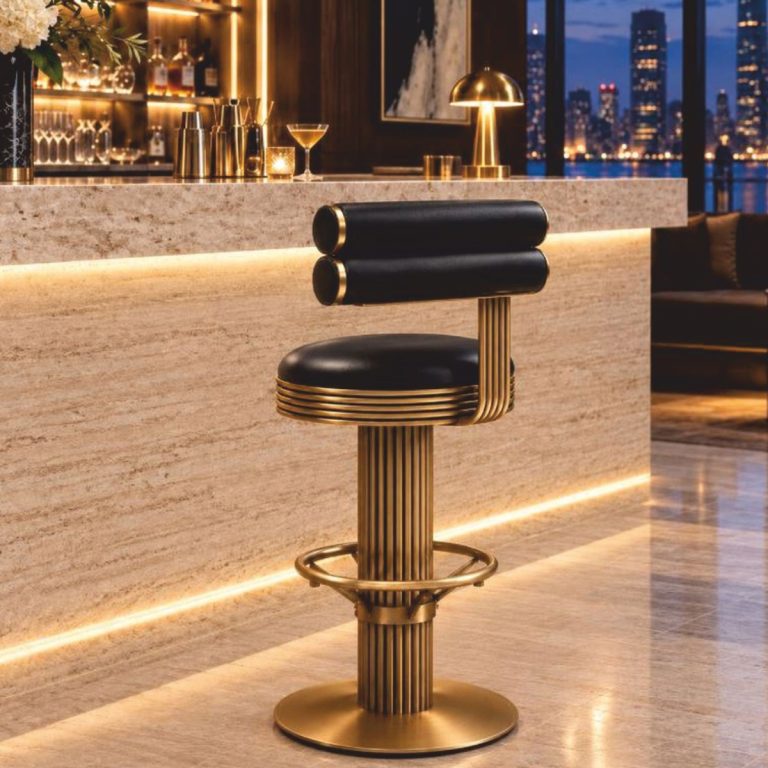 Tabouret de bar de luxe en cuir véritable noir / laiton H. 96 cm